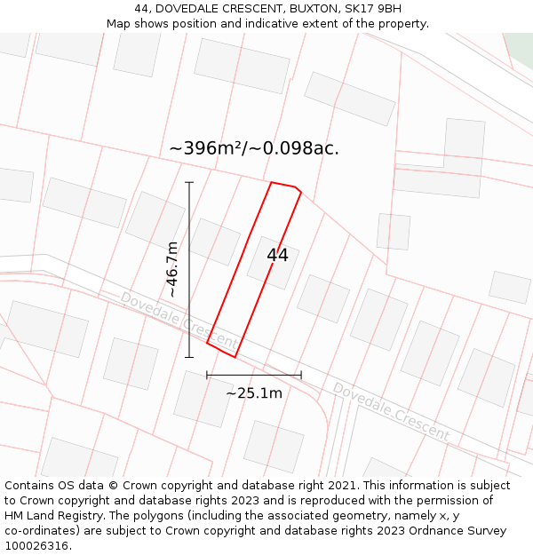 44, DOVEDALE CRESCENT, BUXTON, SK17 9BH: Plot and title map