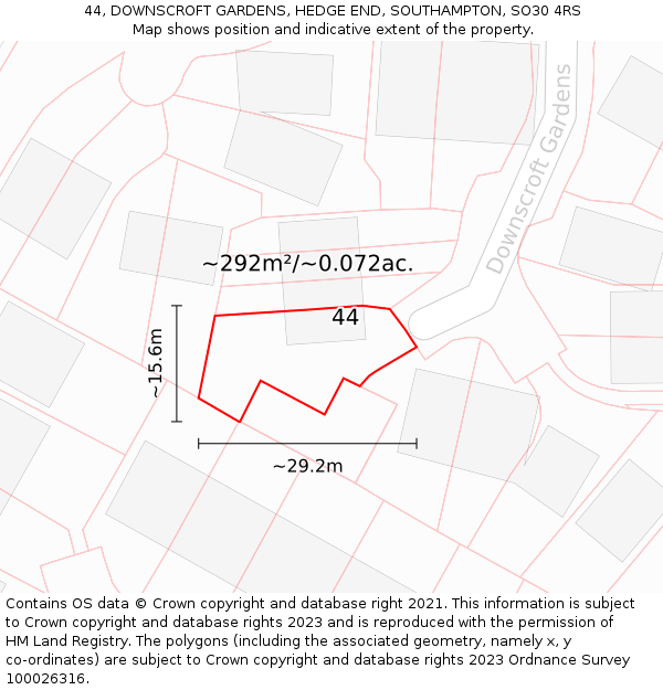 44, DOWNSCROFT GARDENS, HEDGE END, SOUTHAMPTON, SO30 4RS: Plot and title map