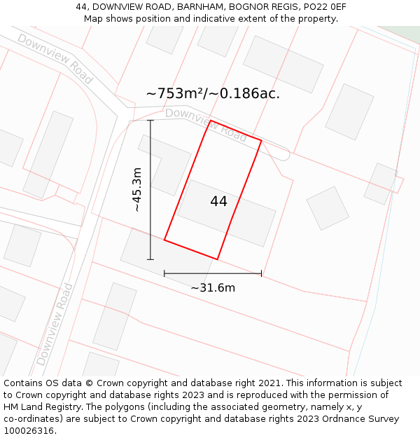 44, DOWNVIEW ROAD, BARNHAM, BOGNOR REGIS, PO22 0EF: Plot and title map