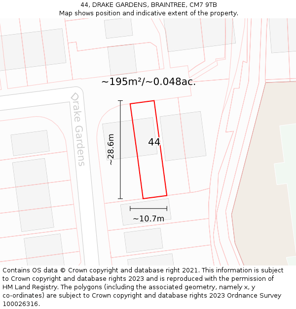 44, DRAKE GARDENS, BRAINTREE, CM7 9TB: Plot and title map