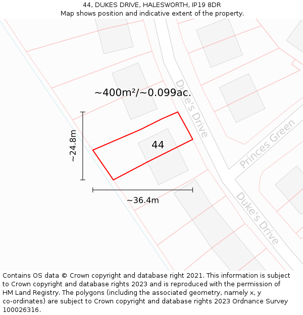 44, DUKES DRIVE, HALESWORTH, IP19 8DR: Plot and title map