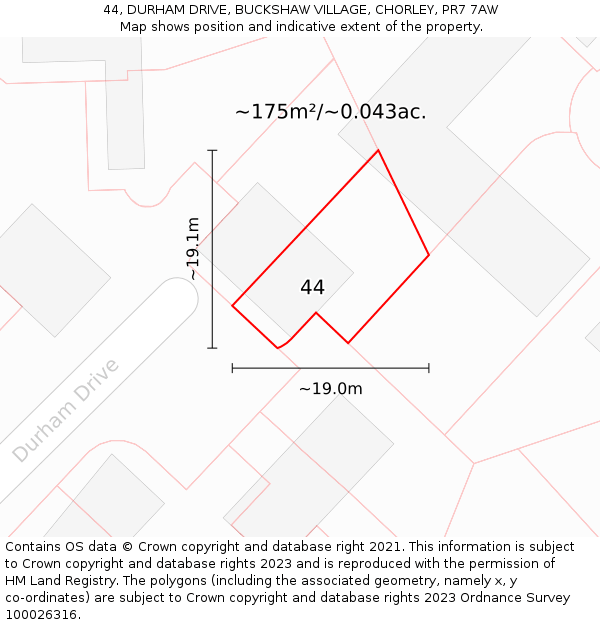 44, DURHAM DRIVE, BUCKSHAW VILLAGE, CHORLEY, PR7 7AW: Plot and title map