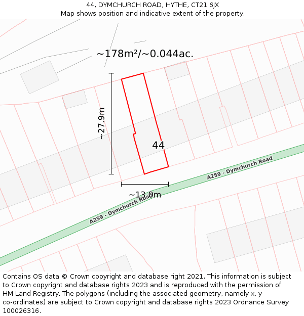 44, DYMCHURCH ROAD, HYTHE, CT21 6JX: Plot and title map