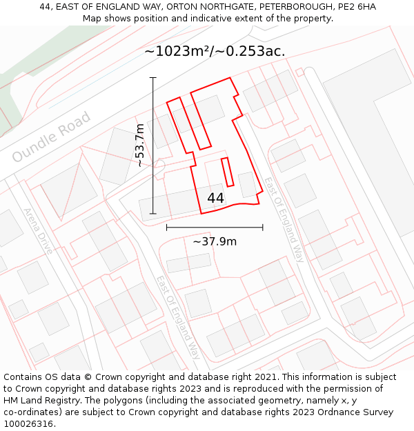 44, EAST OF ENGLAND WAY, ORTON NORTHGATE, PETERBOROUGH, PE2 6HA: Plot and title map