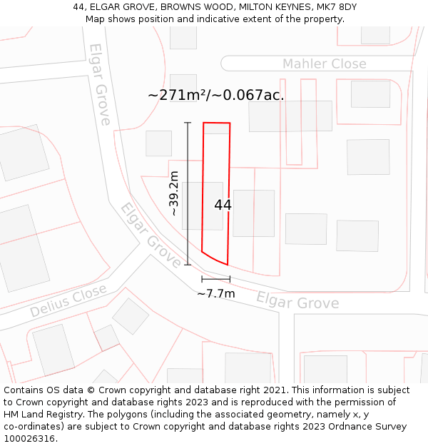 44, ELGAR GROVE, BROWNS WOOD, MILTON KEYNES, MK7 8DY: Plot and title map