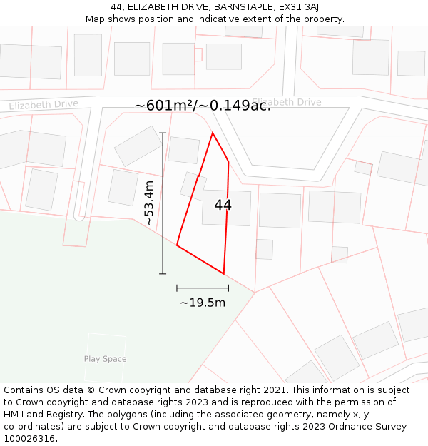 44, ELIZABETH DRIVE, BARNSTAPLE, EX31 3AJ: Plot and title map