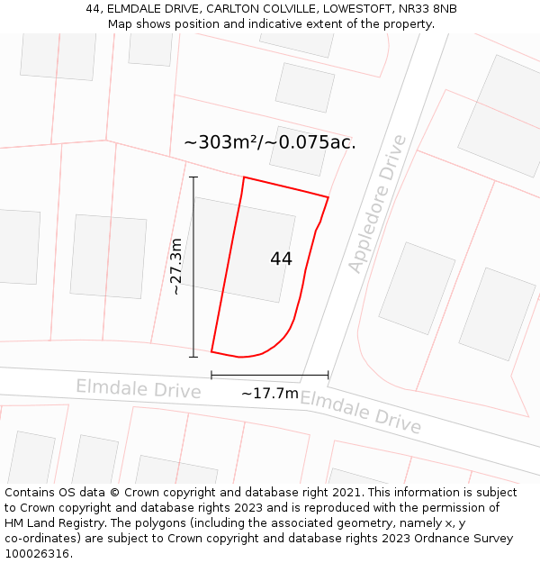 44, ELMDALE DRIVE, CARLTON COLVILLE, LOWESTOFT, NR33 8NB: Plot and title map