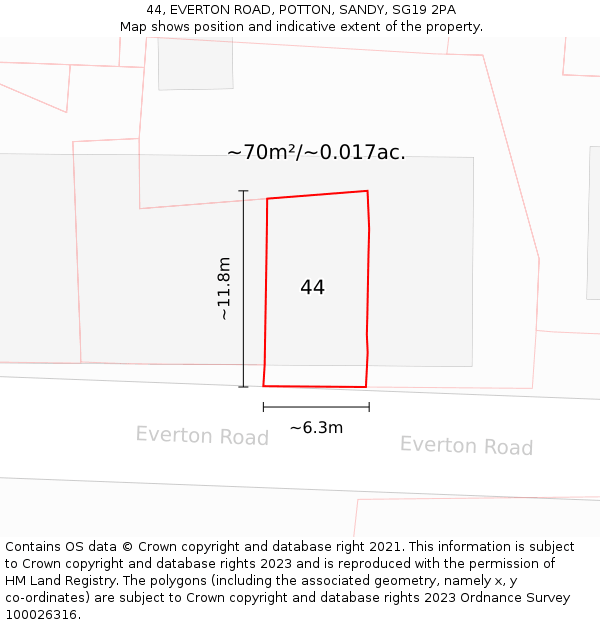 44, EVERTON ROAD, POTTON, SANDY, SG19 2PA: Plot and title map