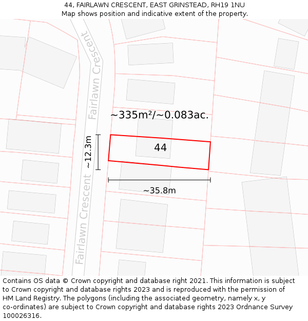 44, FAIRLAWN CRESCENT, EAST GRINSTEAD, RH19 1NU: Plot and title map