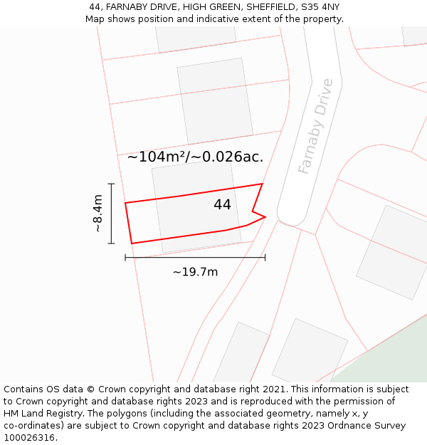 44, FARNABY DRIVE, HIGH GREEN, SHEFFIELD, S35 4NY: Plot and title map