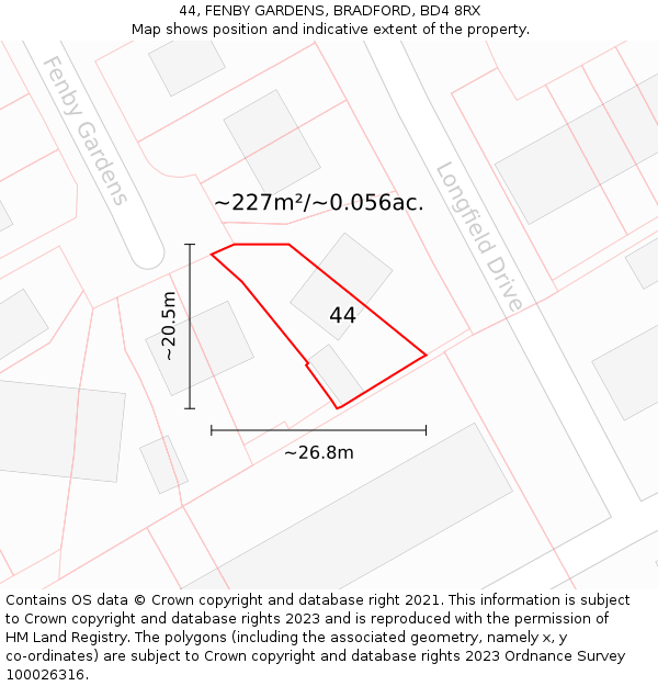 44, FENBY GARDENS, BRADFORD, BD4 8RX: Plot and title map