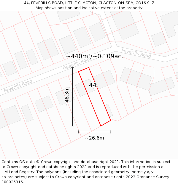 44, FEVERILLS ROAD, LITTLE CLACTON, CLACTON-ON-SEA, CO16 9LZ: Plot and title map