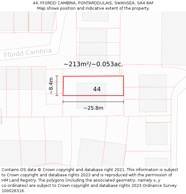 44, FFORDD CAMBRIA, PONTARDDULAIS, SWANSEA, SA4 8AF: Plot and title map