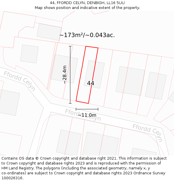 44, FFORDD CELYN, DENBIGH, LL16 5UU: Plot and title map