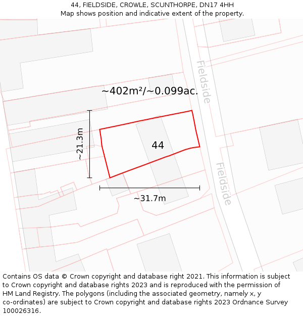 44, FIELDSIDE, CROWLE, SCUNTHORPE, DN17 4HH: Plot and title map