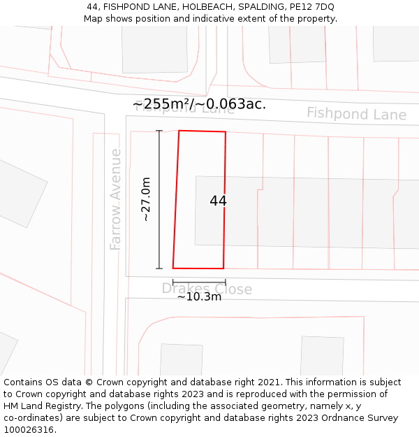 44, FISHPOND LANE, HOLBEACH, SPALDING, PE12 7DQ: Plot and title map