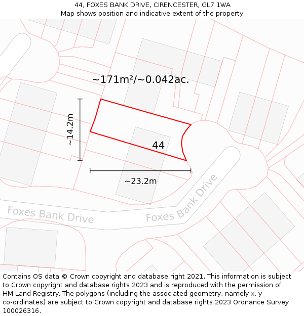 44, FOXES BANK DRIVE, CIRENCESTER, GL7 1WA: Plot and title map