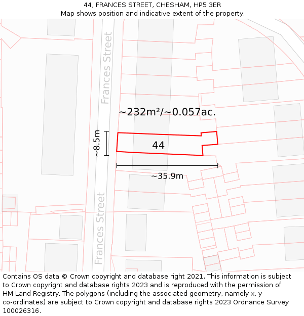 44, FRANCES STREET, CHESHAM, HP5 3ER: Plot and title map