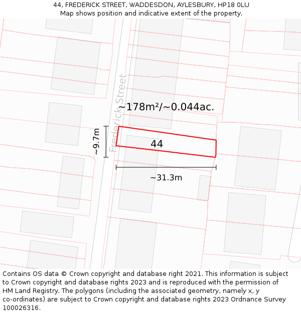 44, FREDERICK STREET, WADDESDON, AYLESBURY, HP18 0LU: Plot and title map