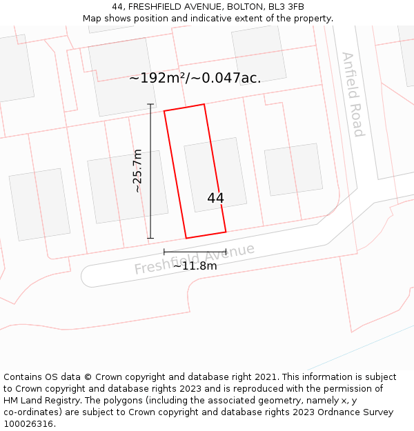 44, FRESHFIELD AVENUE, BOLTON, BL3 3FB: Plot and title map