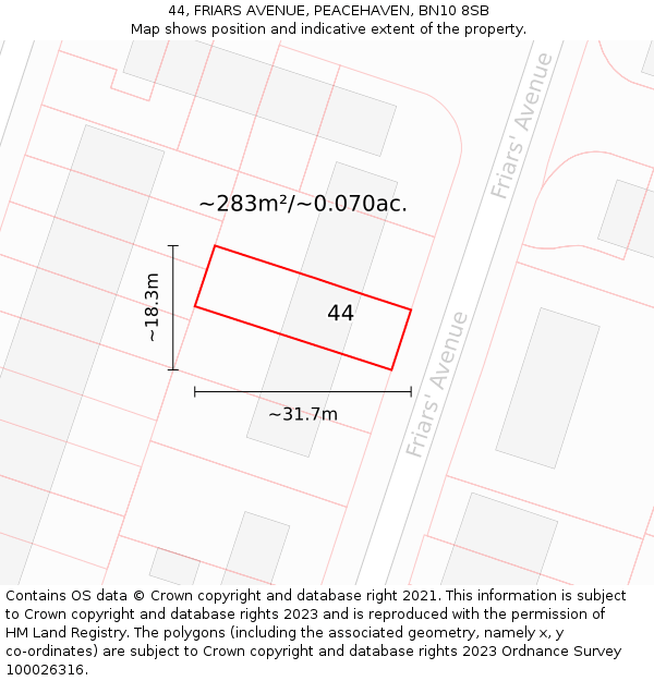 44, FRIARS AVENUE, PEACEHAVEN, BN10 8SB: Plot and title map