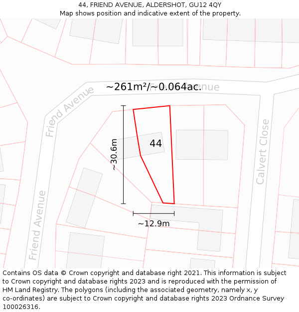 44, FRIEND AVENUE, ALDERSHOT, GU12 4QY: Plot and title map