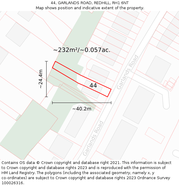 44, GARLANDS ROAD, REDHILL, RH1 6NT: Plot and title map