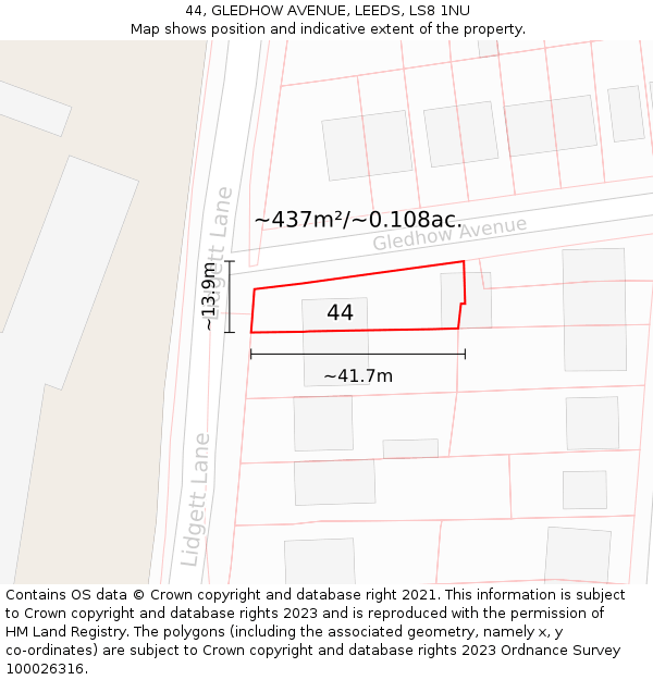 44, GLEDHOW AVENUE, LEEDS, LS8 1NU: Plot and title map