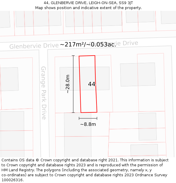 44, GLENBERVIE DRIVE, LEIGH-ON-SEA, SS9 3JT: Plot and title map