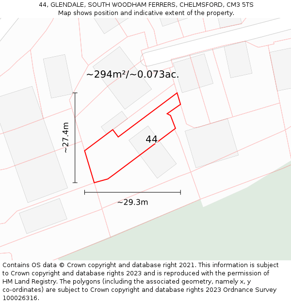 44, GLENDALE, SOUTH WOODHAM FERRERS, CHELMSFORD, CM3 5TS: Plot and title map