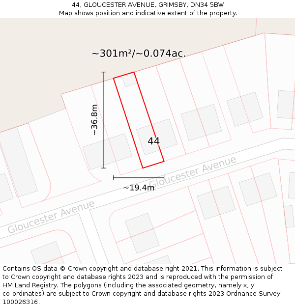 44, GLOUCESTER AVENUE, GRIMSBY, DN34 5BW: Plot and title map