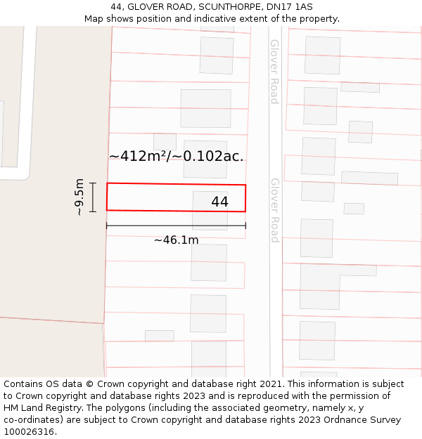 44, GLOVER ROAD, SCUNTHORPE, DN17 1AS: Plot and title map