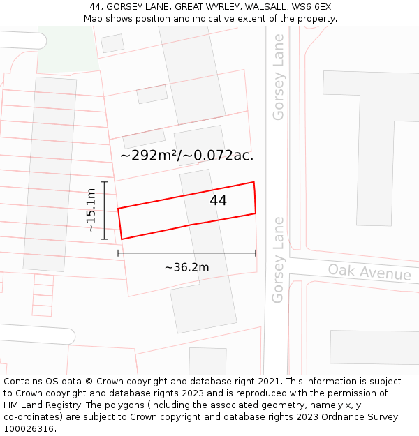 44, GORSEY LANE, GREAT WYRLEY, WALSALL, WS6 6EX: Plot and title map