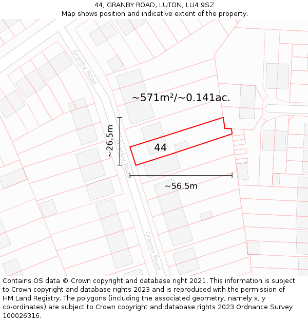 44, GRANBY ROAD, LUTON, LU4 9SZ: Plot and title map