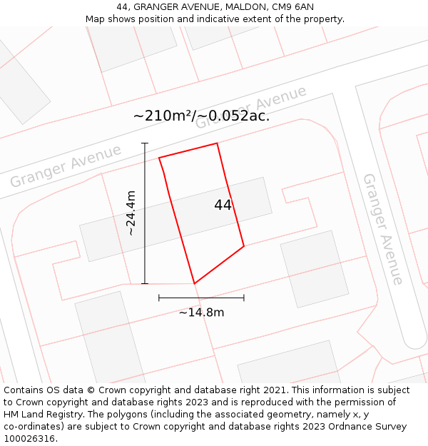 44, GRANGER AVENUE, MALDON, CM9 6AN: Plot and title map