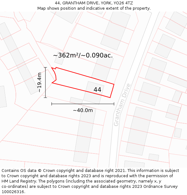 44, GRANTHAM DRIVE, YORK, YO26 4TZ: Plot and title map