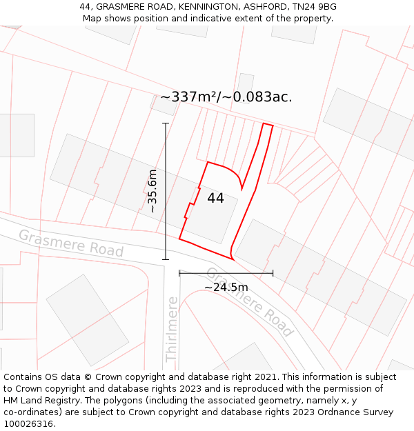 44, GRASMERE ROAD, KENNINGTON, ASHFORD, TN24 9BG: Plot and title map