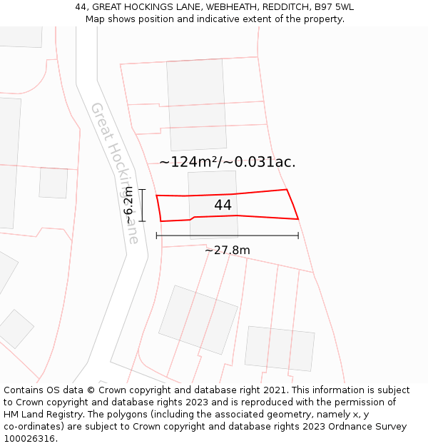 44, GREAT HOCKINGS LANE, WEBHEATH, REDDITCH, B97 5WL: Plot and title map