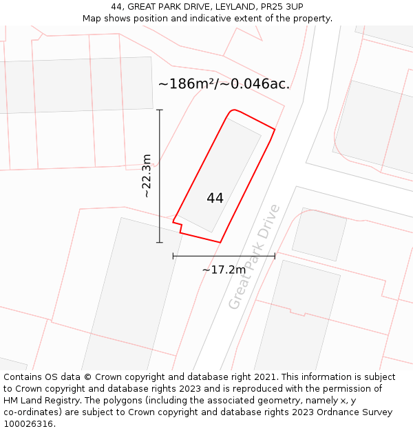 44, GREAT PARK DRIVE, LEYLAND, PR25 3UP: Plot and title map