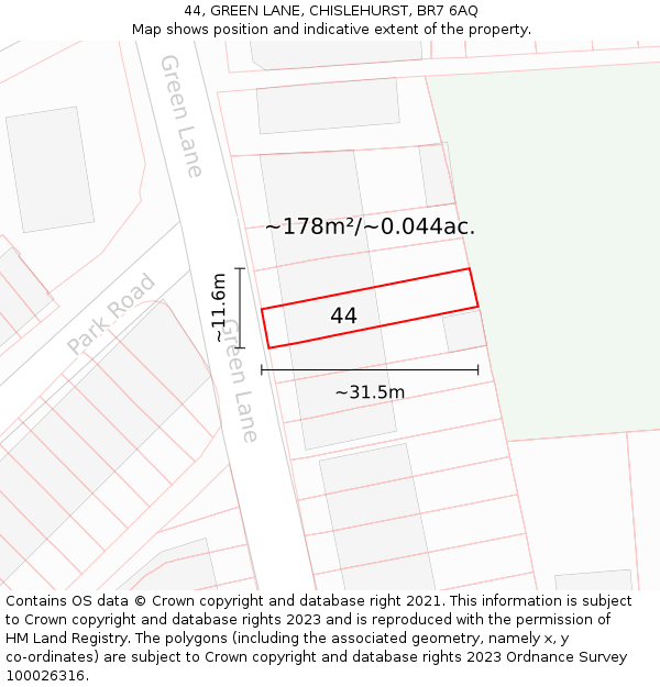44, GREEN LANE, CHISLEHURST, BR7 6AQ: Plot and title map