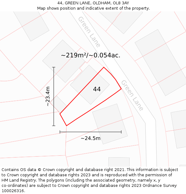 44, GREEN LANE, OLDHAM, OL8 3AY: Plot and title map