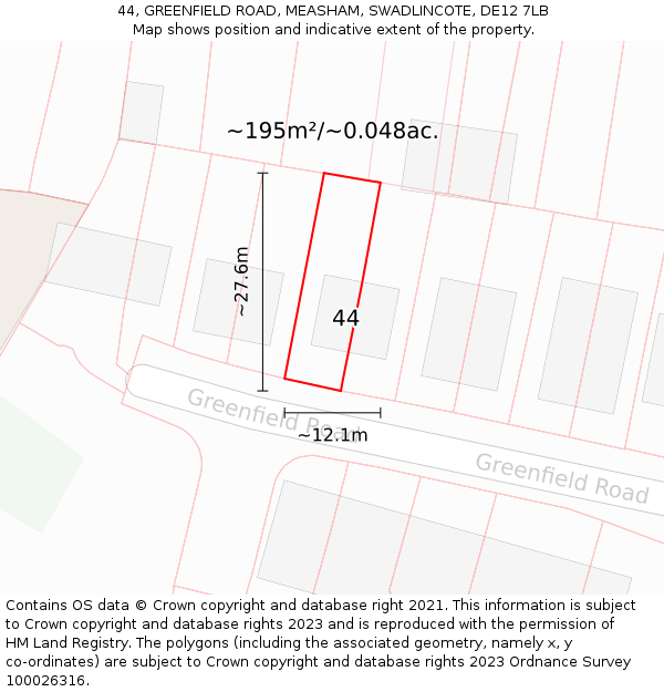 44, GREENFIELD ROAD, MEASHAM, SWADLINCOTE, DE12 7LB: Plot and title map