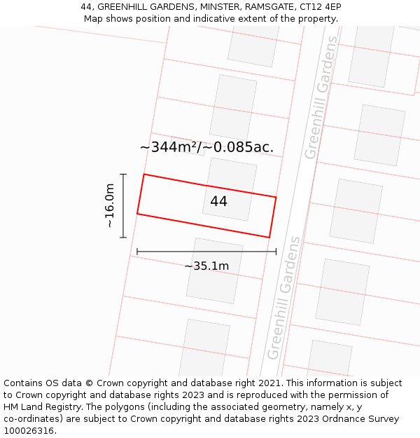 44, GREENHILL GARDENS, MINSTER, RAMSGATE, CT12 4EP: Plot and title map