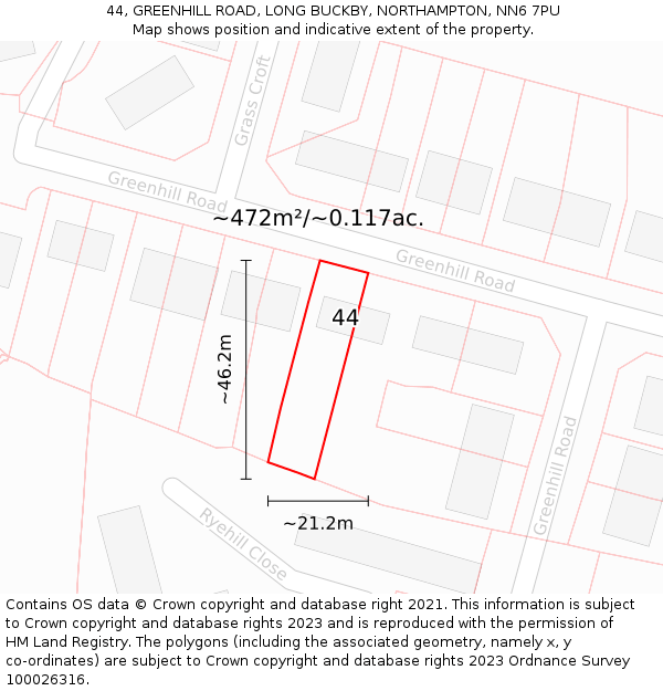 44, GREENHILL ROAD, LONG BUCKBY, NORTHAMPTON, NN6 7PU: Plot and title map