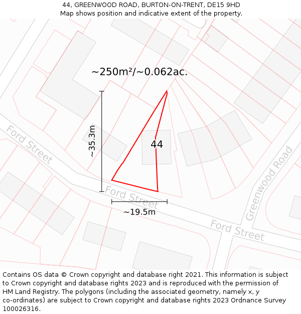 44, GREENWOOD ROAD, BURTON-ON-TRENT, DE15 9HD: Plot and title map