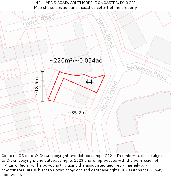 44, HARRIS ROAD, ARMTHORPE, DONCASTER, DN3 2FE: Plot and title map