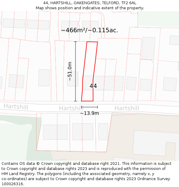 44, HARTSHILL, OAKENGATES, TELFORD, TF2 6AL: Plot and title map