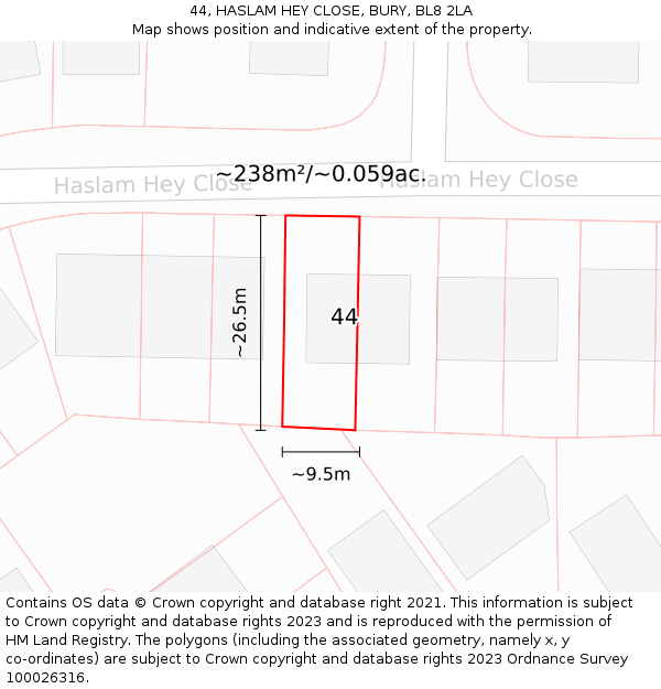 44, HASLAM HEY CLOSE, BURY, BL8 2LA: Plot and title map