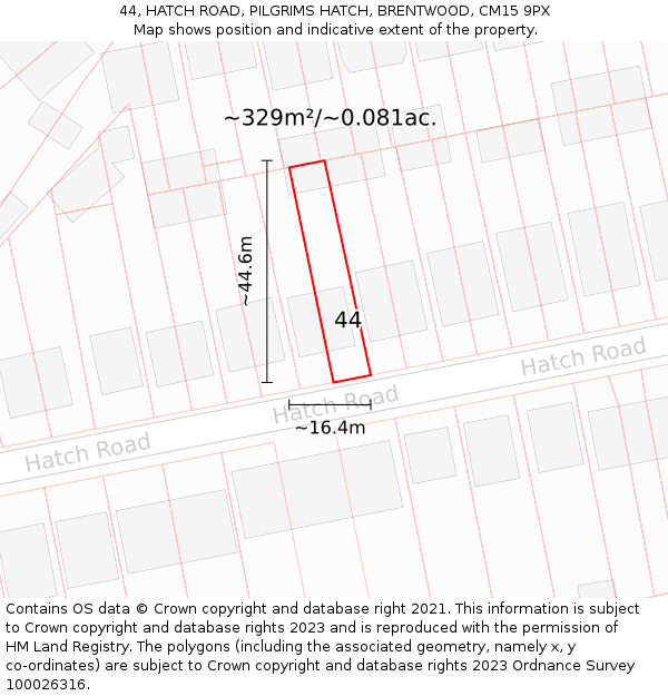 44, HATCH ROAD, PILGRIMS HATCH, BRENTWOOD, CM15 9PX: Plot and title map