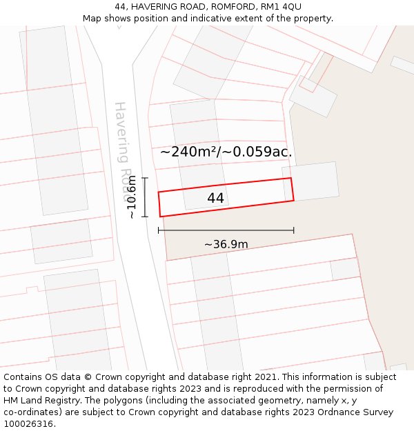 44, HAVERING ROAD, ROMFORD, RM1 4QU: Plot and title map